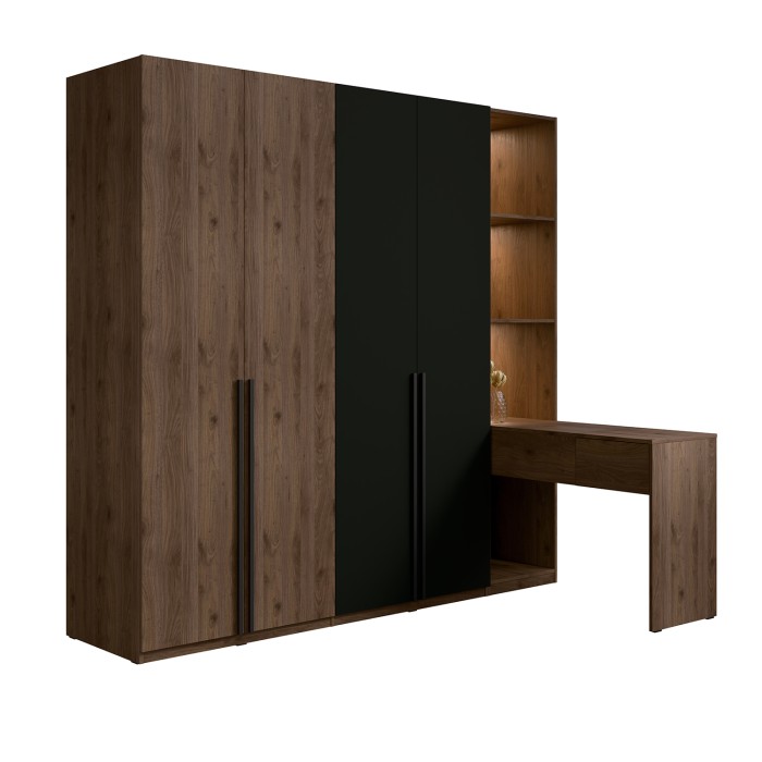 Armoire 4 portes avec coiffeuse intégrée NORVIK – Noyer et noir – Miroir, LED et rangements inclus