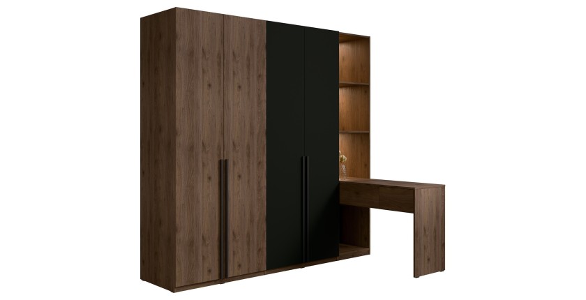 Armoire 4 portes avec coiffeuse intégrée NORVIK – Noyer et noir – Miroir, LED et rangements inclus