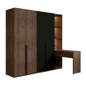 Armoire 4 portes avec coiffeuse intégrée NORVIK – Noyer et noir – Miroir, LED et rangements inclus