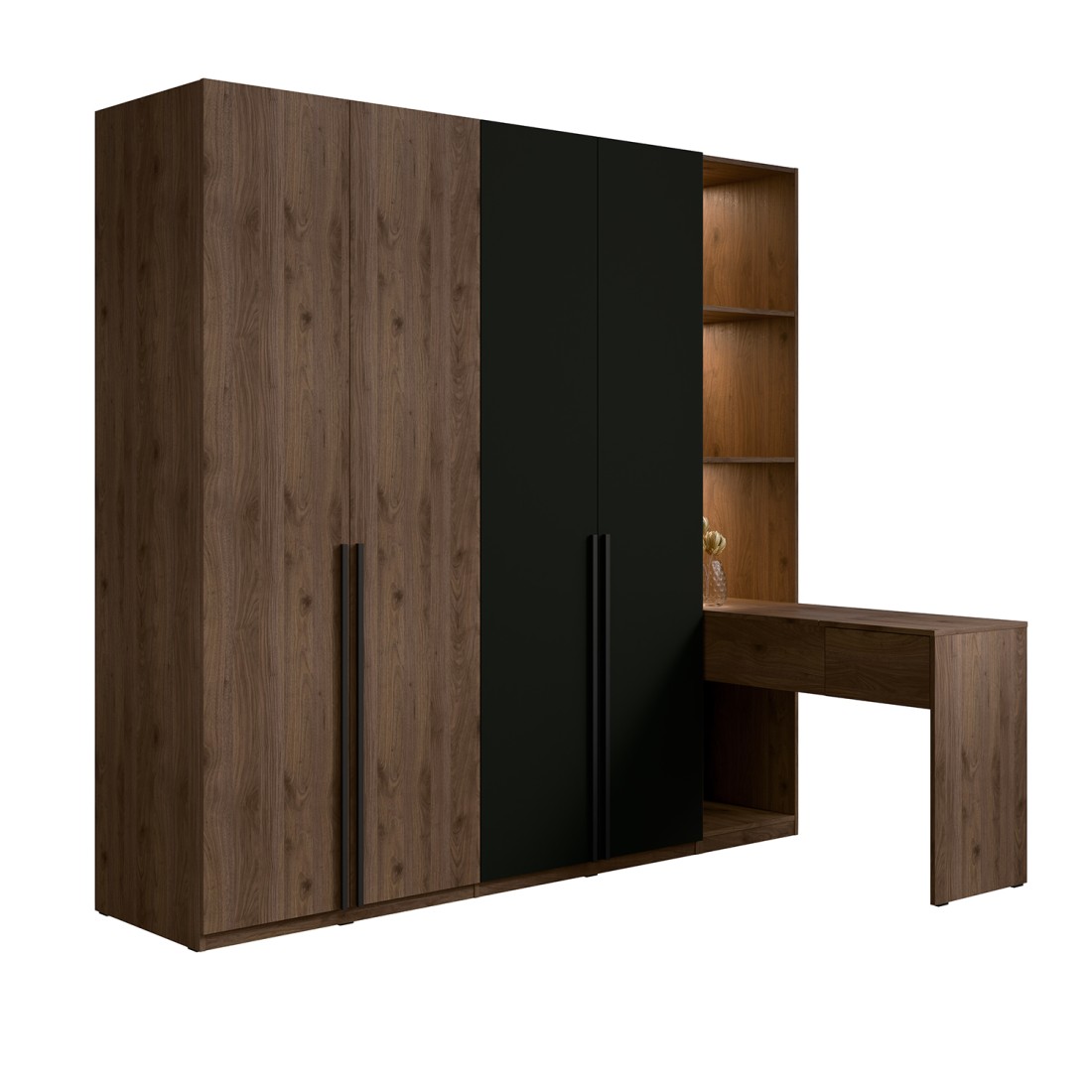 Armoire 4 portes avec coiffeuse intégrée NORVIK – Noyer et noir – Miroir, LED et rangements inclus