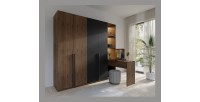 Armoire 4 portes avec coiffeuse intégrée NORVIK – Noyer et noir – Miroir, LED et rangements inclus