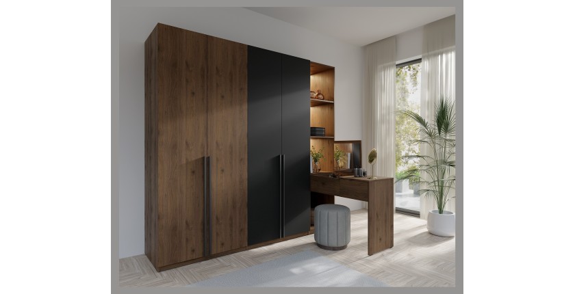 Armoire 4 portes avec coiffeuse intégrée NORVIK – Noyer et noir – Miroir, LED et rangements inclus