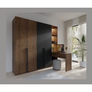 Armoire 4 portes avec coiffeuse intégrée NORVIK – Noyer et noir – Miroir, LED et rangements inclus