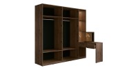 Armoire 4 portes avec coiffeuse intégrée NORVIK – Noyer et noir – Miroir, LED et rangements inclus