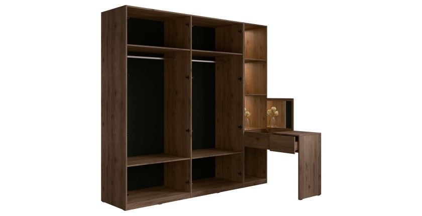 Armoire 4 portes avec coiffeuse intégrée NORVIK – Noyer et noir – Miroir, LED et rangements inclus