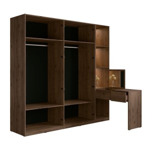 Armoire 4 portes avec coiffeuse intégrée NORVIK – Noyer et noir – Miroir, LED et rangements inclus