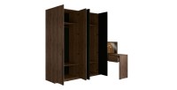 Armoire 4 portes avec coiffeuse intégrée NORVIK – Noyer et noir – Miroir, LED et rangements inclus