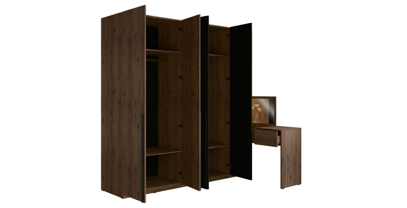 Armoire 4 portes avec coiffeuse intégrée NORVIK – Noyer et noir – Miroir, LED et rangements inclus