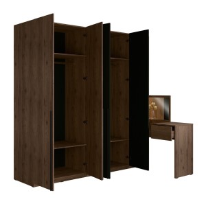 Armoire 4 portes avec coiffeuse intégrée NORVIK – Noyer et noir – Miroir, LED et rangements inclus