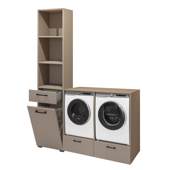 Ensemble de meuble de rangement pour machine à laver et sèche-linge collection WASHING – Taupe et chêne