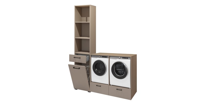 Conjunto de muebles de almacenamiento para lavadora y secadora, colección WASHING – Color topo y roble.