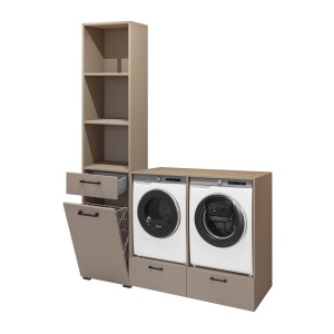 Ensemble de meuble de rangement pour machine à laver et sèche-linge collection WASHING – Taupe et chêne