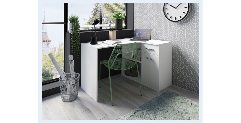 Bureau d’angle LYMA blanc – 1 tiroir, 1 porte et 2 niches – Compact, pratique et moderne