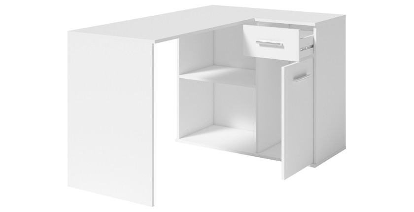 Bureau d’angle LYMA blanc – 1 tiroir, 1 porte et 2 niches – Compact, pratique et moderne