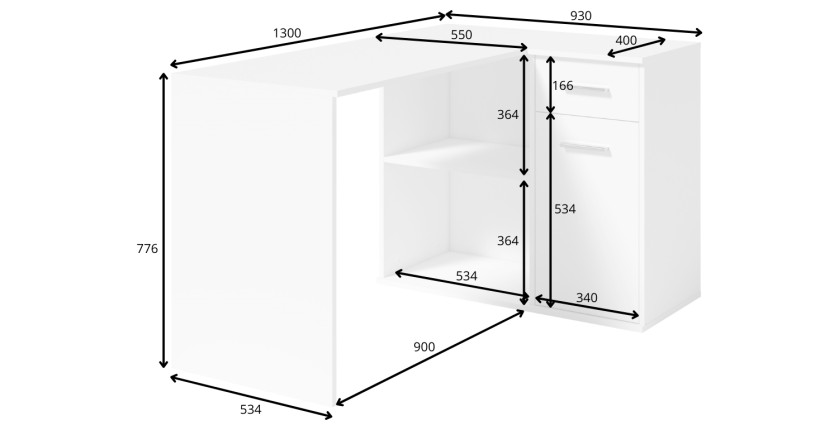 Bureau d’angle LYMA blanc – 1 tiroir, 1 porte et 2 niches – Compact, pratique et moderne
