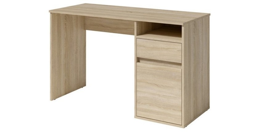 Bureau BILOU chêne Sonoma – 1 tiroir, 1 porte et 2 niches – Style bois clair et design pratique
