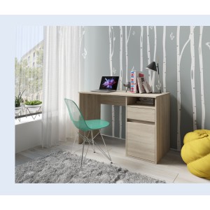 Bureau BILOU chêne Sonoma – 1 tiroir, 1 porte et 2 niches – Style bois clair et design pratique
