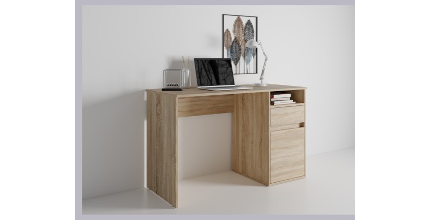 Bureau BILOU chêne Sonoma – 1 tiroir, 1 porte et 2 niches – Style bois clair et design pratique