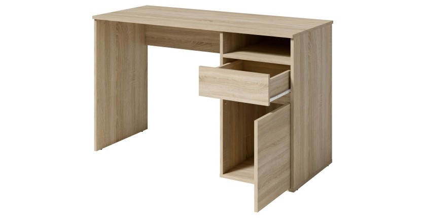 Bureau BILOU chêne Sonoma – 1 tiroir, 1 porte et 2 niches – Style bois clair et design pratique