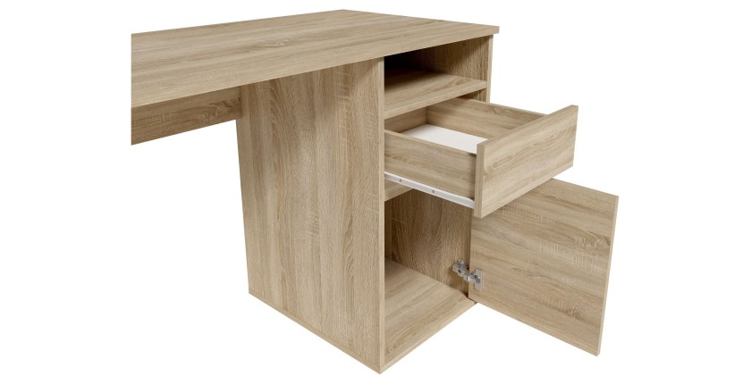 Bureau BILOU chêne Sonoma – 1 tiroir, 1 porte et 2 niches – Style bois clair et design pratique