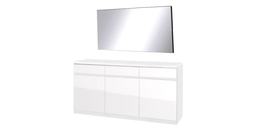 Ensemble buffet 3 portes 3 tiroirs FABIO + miroir – Blanc brillant – Design contemporain