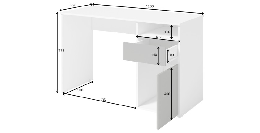 Bureau BILOU chêne et blanc – 1 tiroir, 1 porte et 2 niches – Design bicolore et rangements pratiques