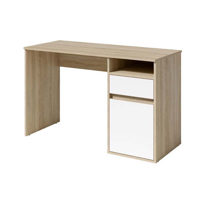 Bureau BILOU chêne et blanc – 1 tiroir, 1 porte et 2 niches – Design bicolore et rangements pratiques