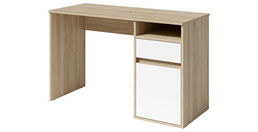 Bureau BILOU chêne et blanc – 1 tiroir, 1 porte et 2 niches – Design bicolore et rangements pratiques