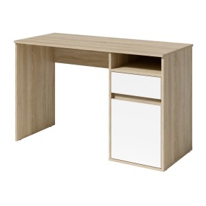 Bureau BILOU chêne et blanc – 1 tiroir, 1 porte et 2 niches – Design bicolore et rangements pratiques