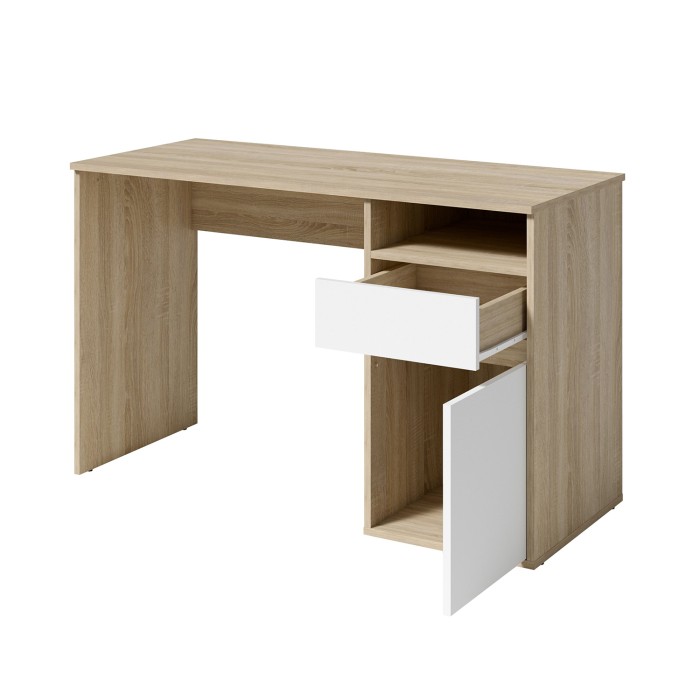 Bureau BILOU eiken en wit - 1 lade, 1 deur en 2 vakken - Tweekleurig design en praktische opbergruimtes