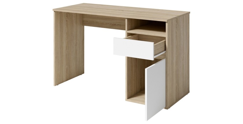 Bureau BILOU chêne et blanc – 1 tiroir, 1 porte et 2 niches – Design bicolore et rangements pratiques