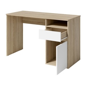 Bureau BILOU chêne et blanc – 1 tiroir, 1 porte et 2 niches – Design bicolore et rangements pratiques