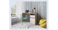 Bureau BILOU chêne et blanc – 1 tiroir, 1 porte et 2 niches – Design bicolore et rangements pratiques