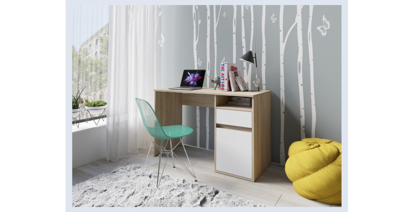 Bureau BILOU chêne et blanc – 1 tiroir, 1 porte et 2 niches – Design bicolore et rangements pratiques