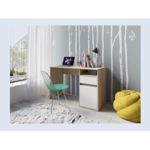 Bureau BILOU chêne et blanc – 1 tiroir, 1 porte et 2 niches – Design bicolore et rangements pratiques
