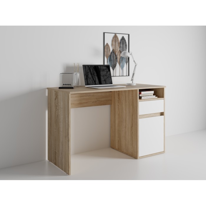 Bureau BILOU eiken en wit - 1 lade, 1 deur en 2 vakken - Tweekleurig design en praktische opbergruimtes