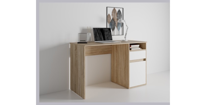 Bureau BILOU chêne et blanc – 1 tiroir, 1 porte et 2 niches – Design bicolore et rangements pratiques