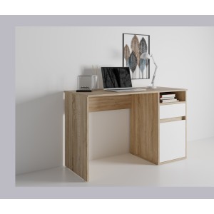 Bureau BILOU chêne et blanc – 1 tiroir, 1 porte et 2 niches – Design bicolore et rangements pratiques