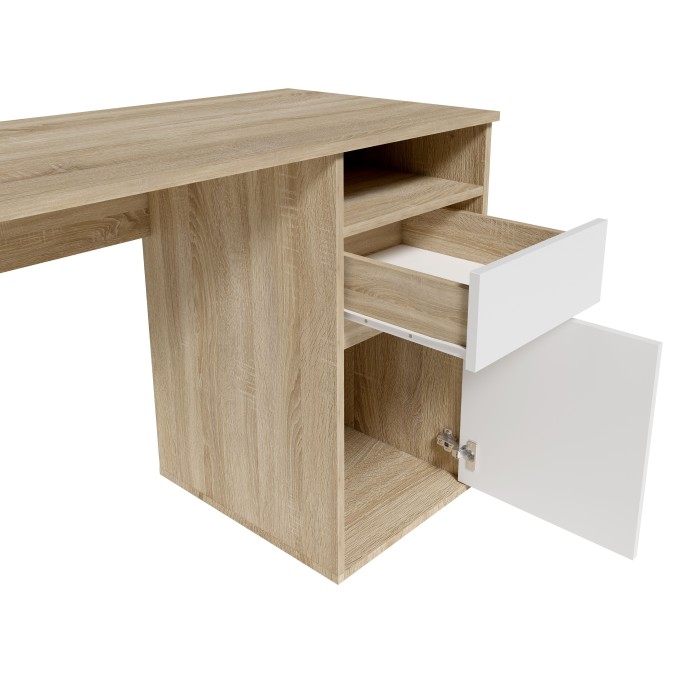 Bureau BILOU eiken en wit - 1 lade, 1 deur en 2 vakken - Tweekleurig design en praktische opbergruimtes