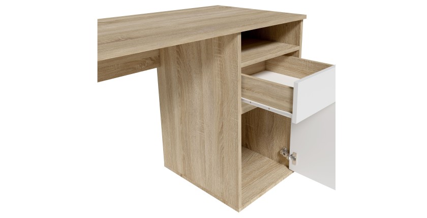Bureau BILOU chêne et blanc – 1 tiroir, 1 porte et 2 niches – Design bicolore et rangements pratiques