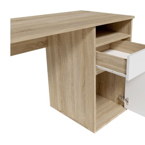Bureau BILOU chêne et blanc – 1 tiroir, 1 porte et 2 niches – Design bicolore et rangements pratiques