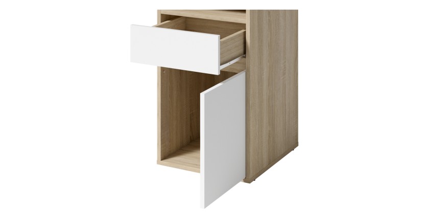 Bureau BILOU chêne et blanc – 1 tiroir, 1 porte et 2 niches – Design bicolore et rangements pratiques