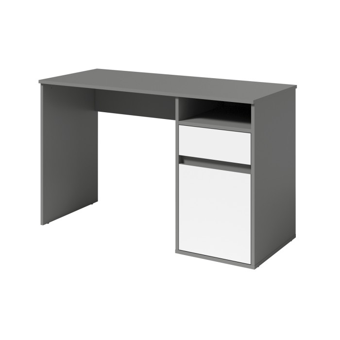 Bureau BILOU gris et blanc – 1 tiroir, 1 porte et 2 niches – Look moderne et rangement pratique