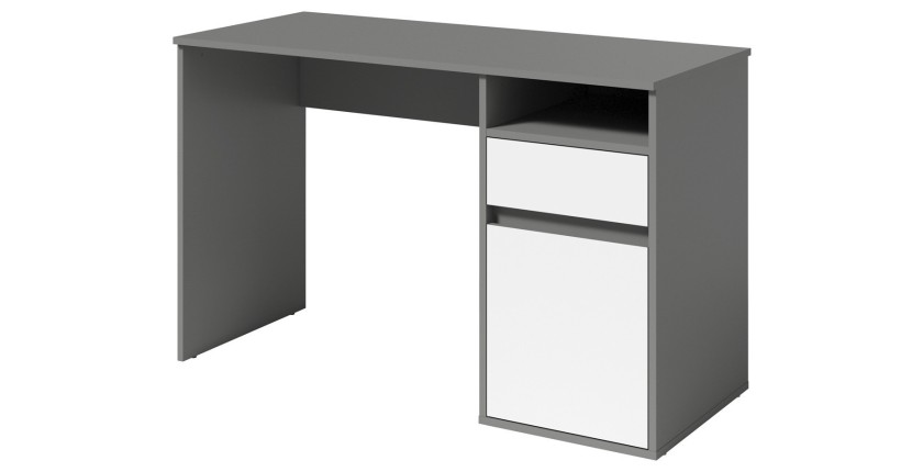 Bureau BILOU gris et blanc – 1 tiroir, 1 porte et 2 niches – Look moderne et rangement pratique