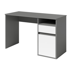 Bureau BILOU gris et blanc – 1 tiroir, 1 porte et 2 niches – Look moderne et rangement pratique