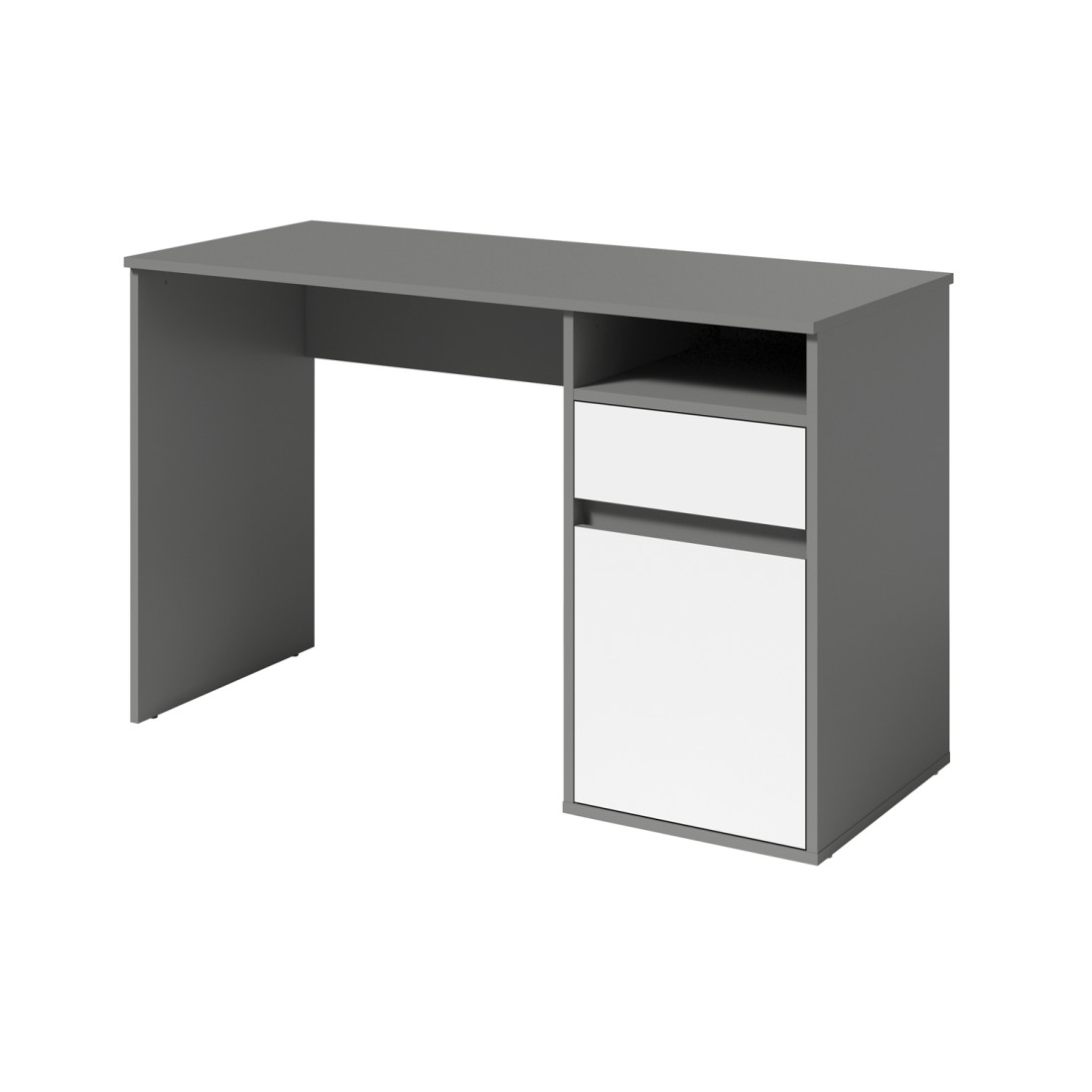 Bureau BILOU gris et blanc – 1 tiroir, 1 porte et 2 niches – Look moderne et rangement pratique