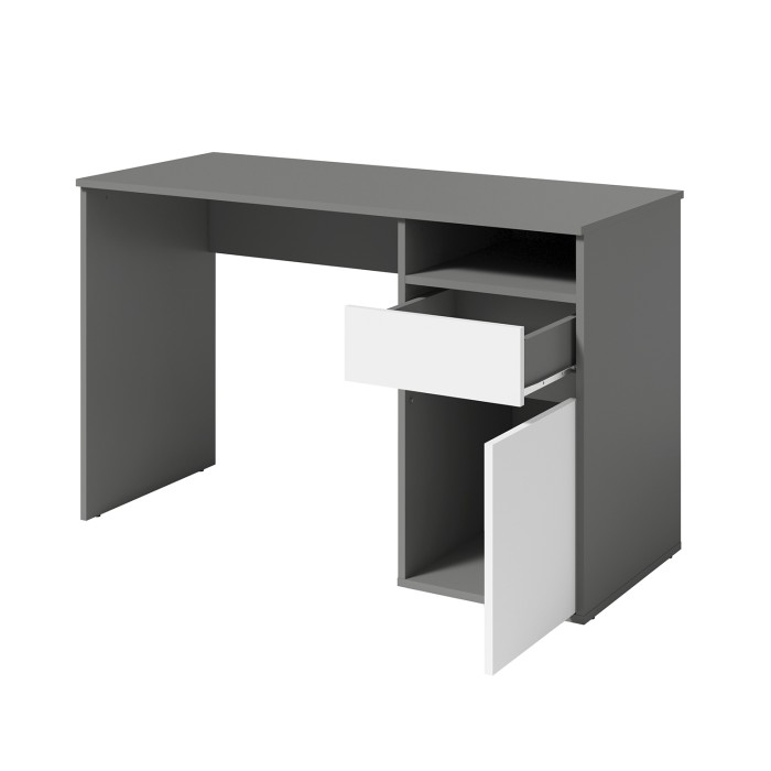 Bureau BILOU grijs en wit – 1 lade, 1 deur en 2 vakken – Moderne uitstraling en praktische opbergruimte