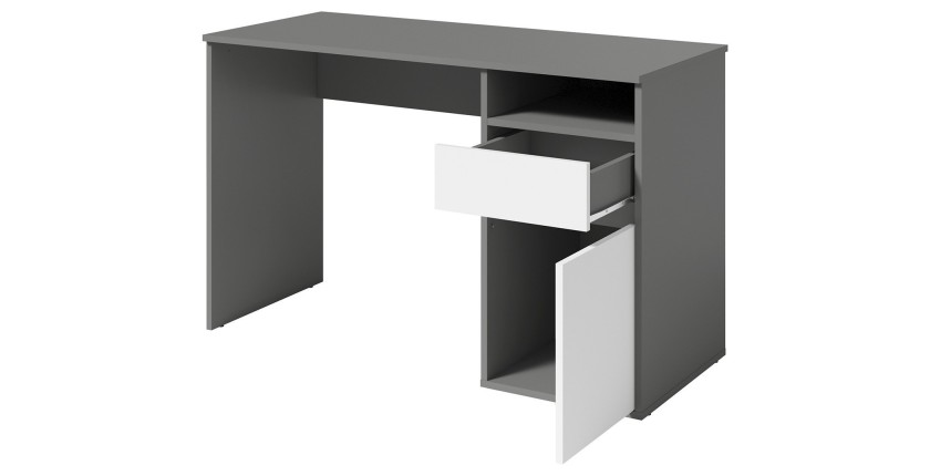 Bureau BILOU gris et blanc – 1 tiroir, 1 porte et 2 niches – Look moderne et rangement pratique