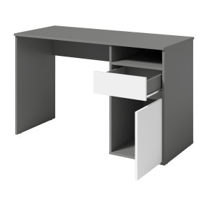 Bureau BILOU gris et blanc – 1 tiroir, 1 porte et 2 niches – Look moderne et rangement pratique