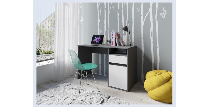 Bureau BILOU gris et blanc – 1 tiroir, 1 porte et 2 niches – Look moderne et rangement pratique